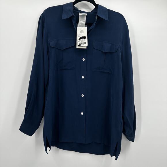 Vintage Laura Ashley Shirt Womens 8 Navy Blue 100% Silk Button Up Top Blouse - Picture 1 of 9